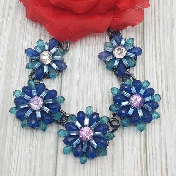 Coldwater Creek Jewelry - Coldwater Creek Gun Metal Blue Beaded Statement Necklace Bib Collar Chunky 20"